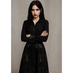 Vertigo Black Faux Leather Panel Shirt Dress Size Small Edgy Chic